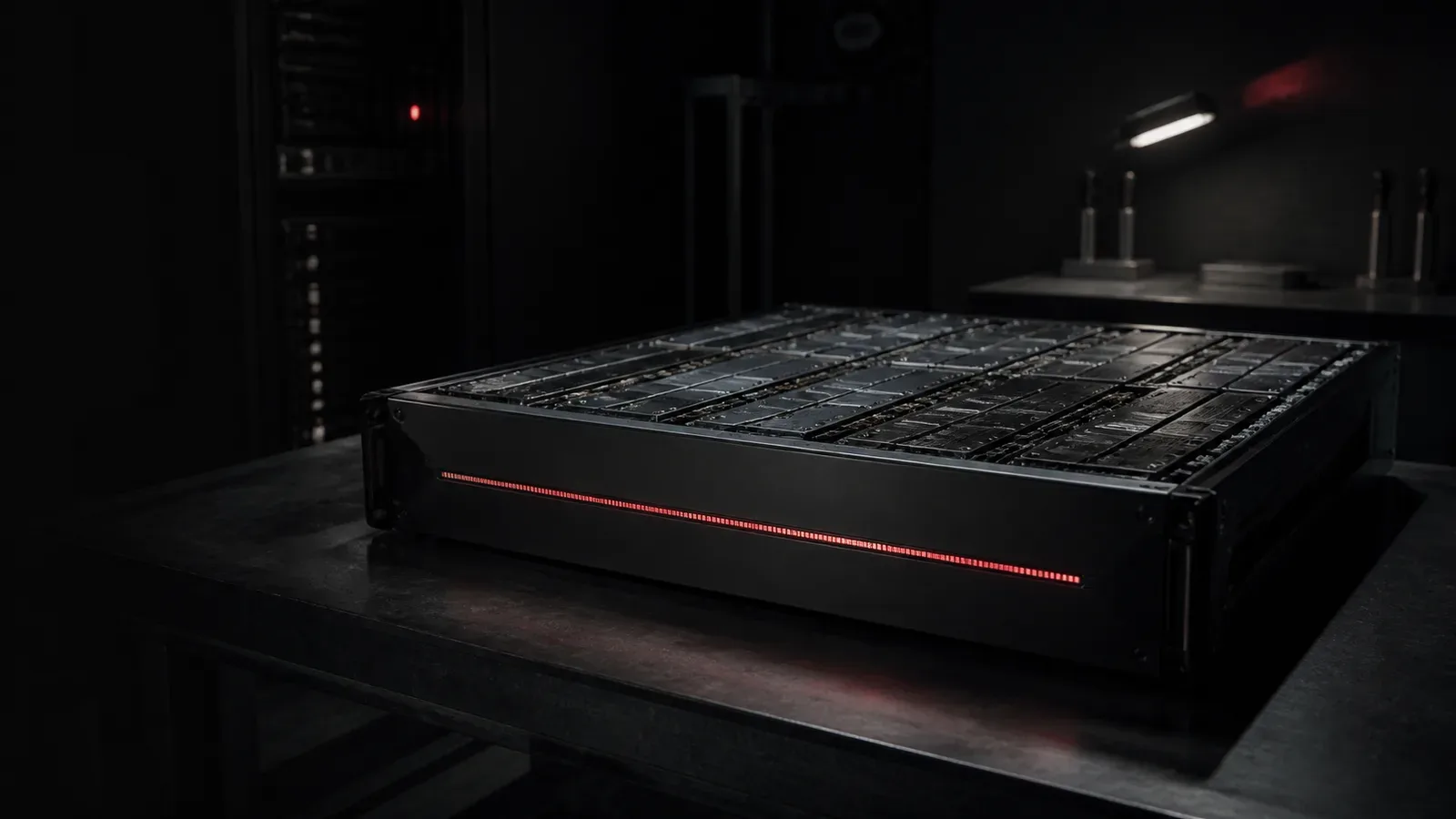 Módulo de computação em grafite fosco e obsidiana em estúdio minimalista com linha de dados iluminada em carmim