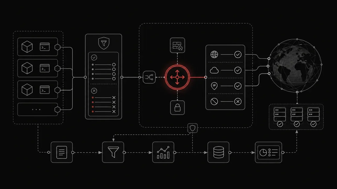 Diagrama esquemático da arquitetura de isolamento em três camadas com filtragem de egress e sandboxing de processos