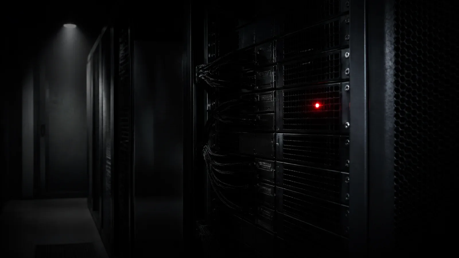 Servidor rack de alta densidade em data center escuro com iluminação chiaroscuro e cabo de rede trançado em vermelho carmim