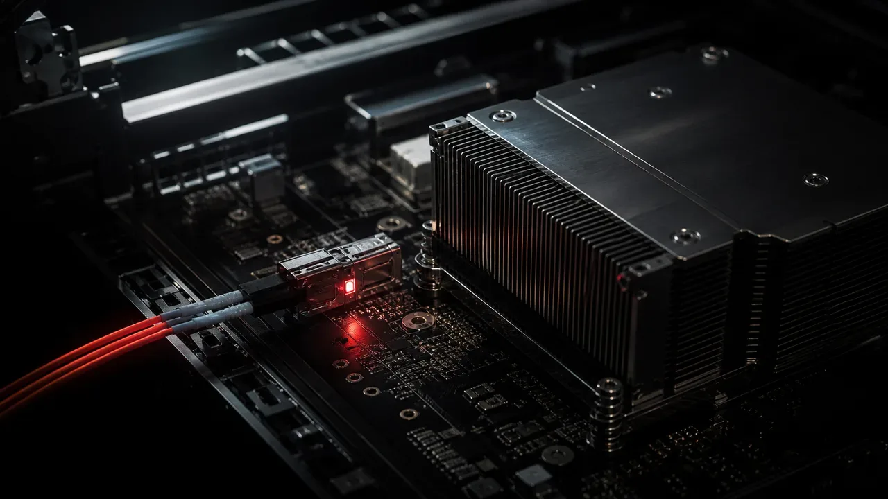 Módulo de processador bare metal com dissipador e conector óptico em iluminação de estúdio