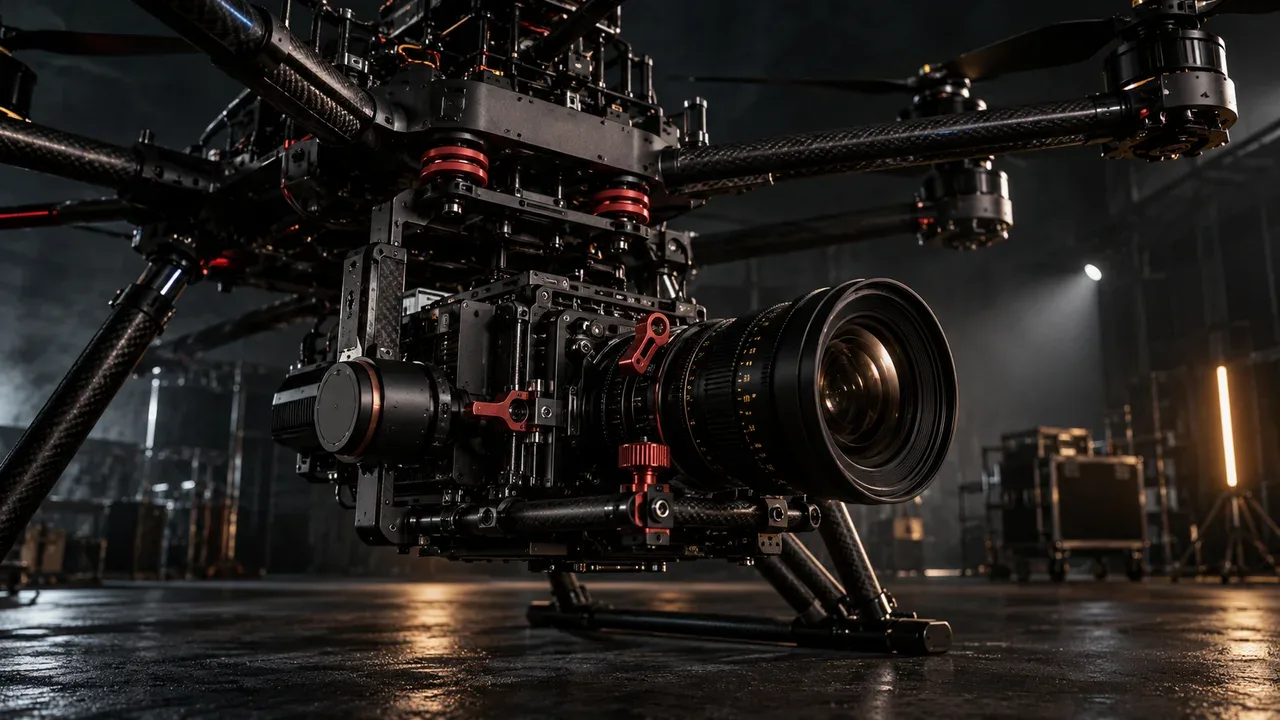 Chassi cinelifter FPV reforçado em fibra de carbono com amortecedores carmim sustentando câmera de cinema