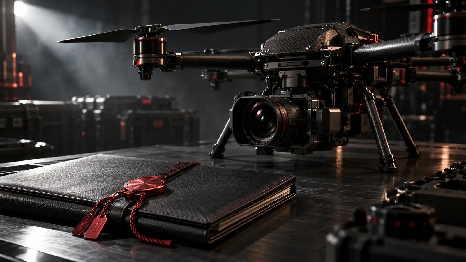 Bancada técnica escura com drone profissional de cinema e certificado de apólice aeronáutica com lacre de segurança