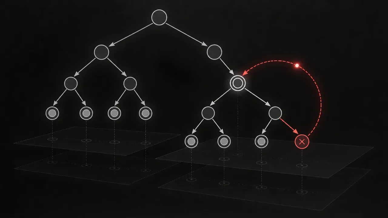 Diagrama arquitetural esquemático de busca em árvore com nó podado e vetor de rollback retornando a checkpoint com indicador luminoso