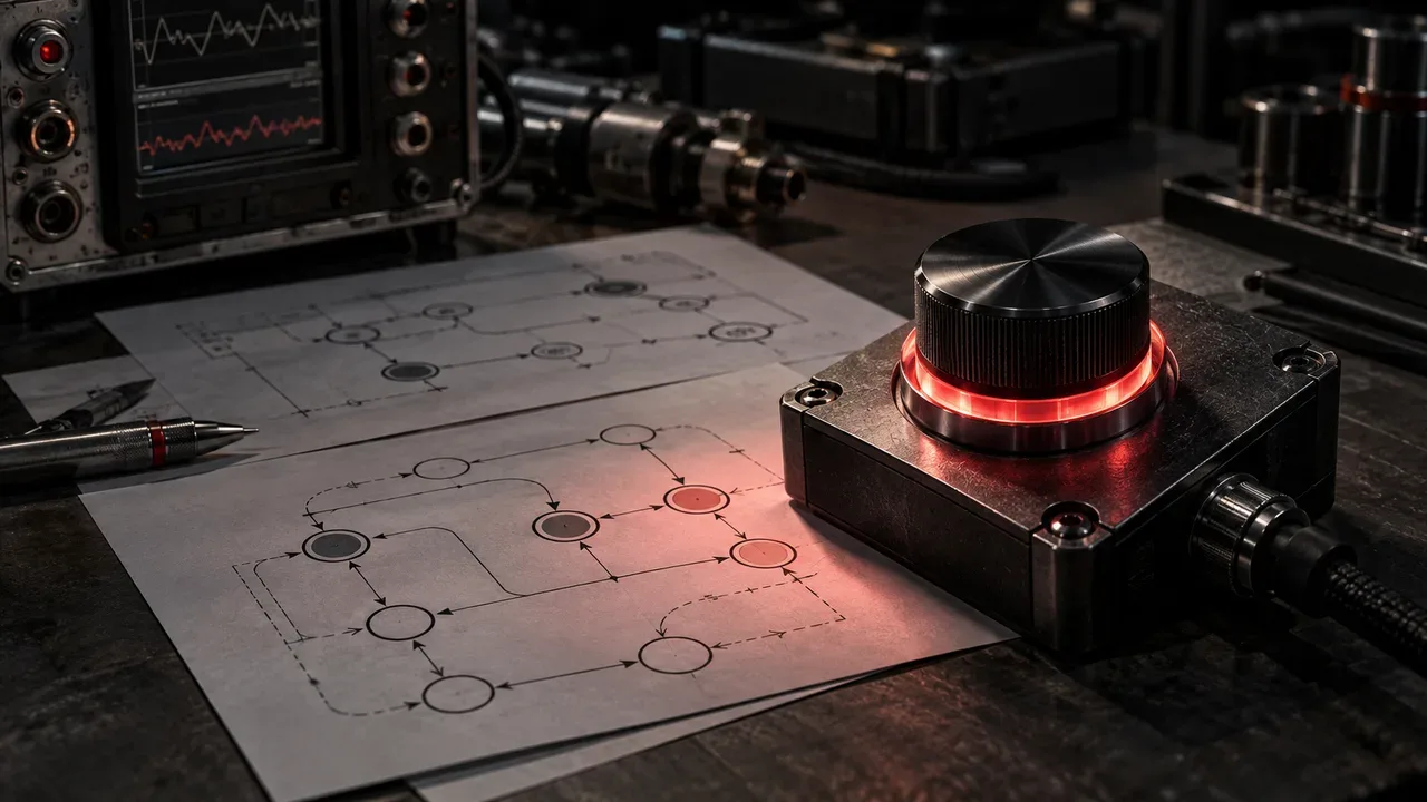 Bancada de engenharia de software com fluxogramas de máquina de estado, console de telemetria e botão rotativo com anel iluminado