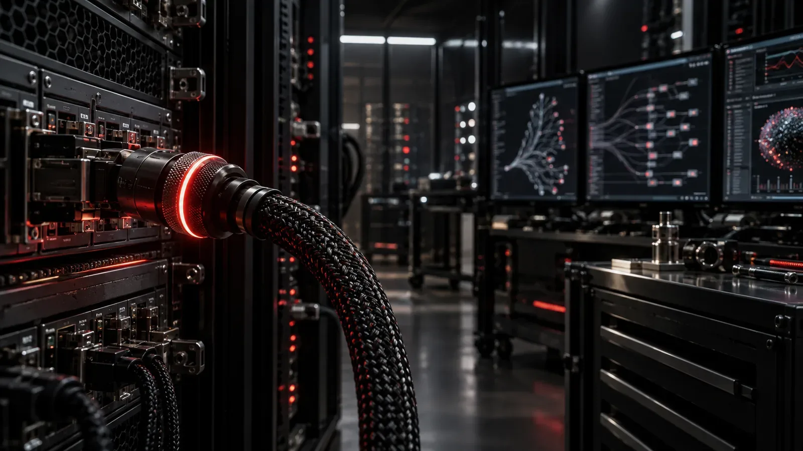 Bancada de computação e telemetria com cabos de alta velocidade, anel de status aceso e monitores exibindo grafos de execução
