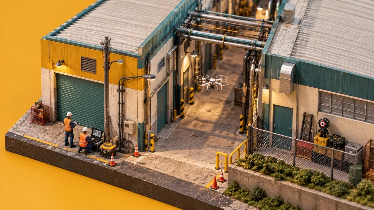 Maquete urbana isométrica de uma viela técnica com drone industrial executando desvio autônomo