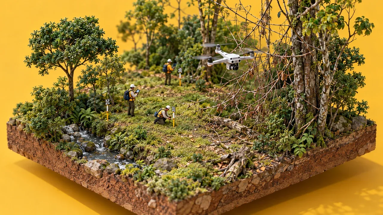 Maquete em corte isométrico de copa de floresta densa com drone navegando entre galhos secos finos