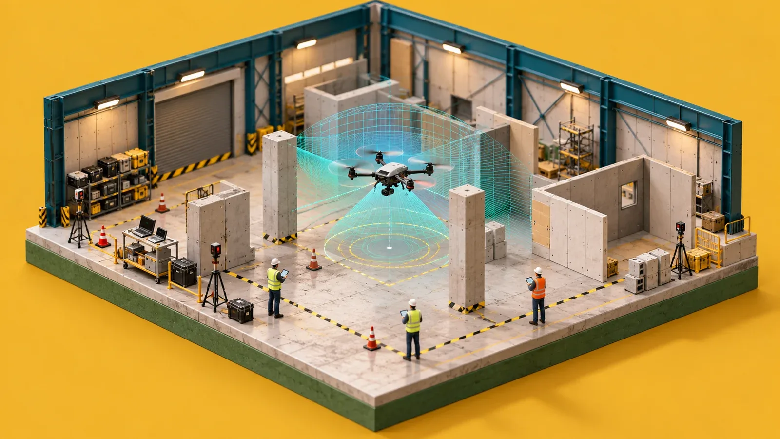 Maquete isométrica em corte de um hangar técnico com drone pairando e projetando cones de sensores anticolisão