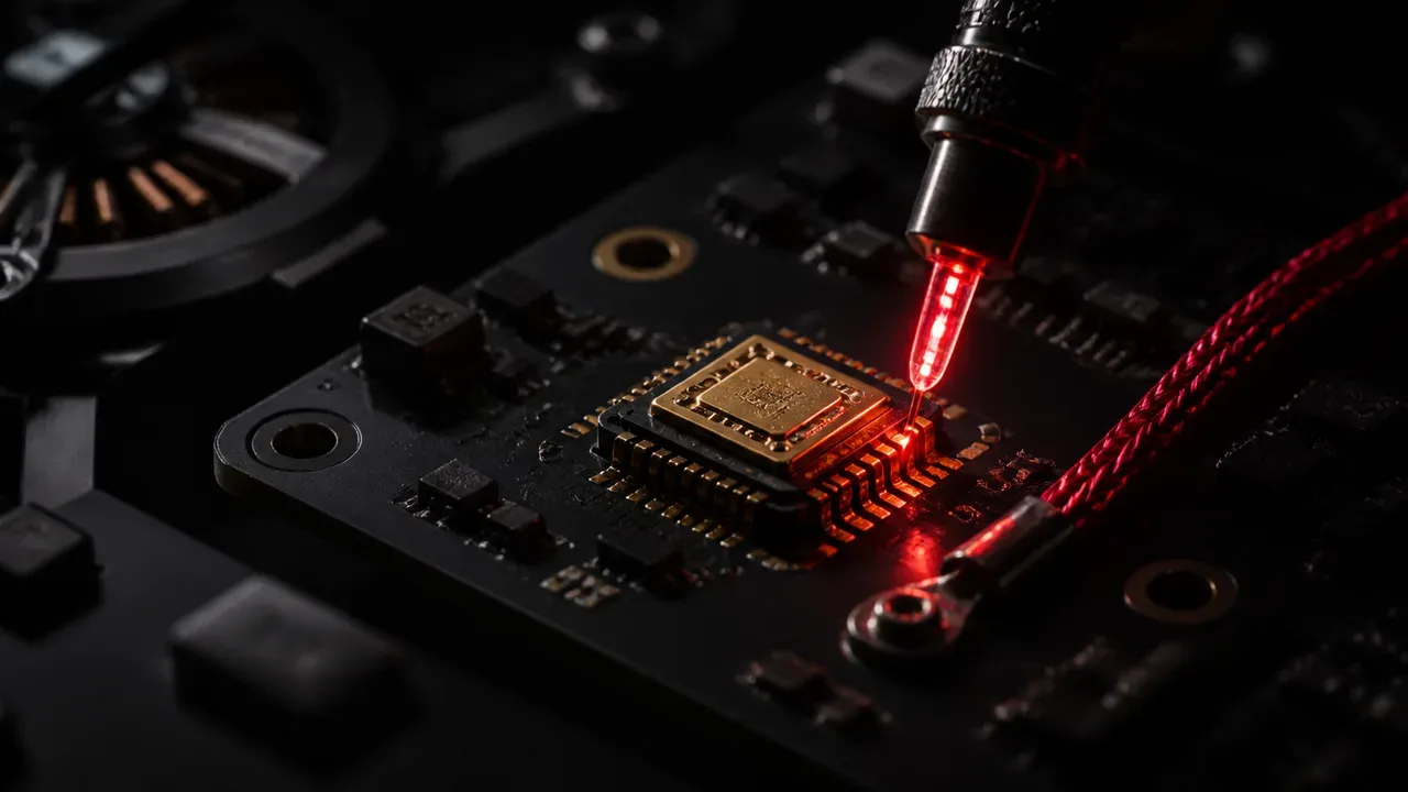 Inspeção microscópica de chip de giroscópio MEMS com ponteira de teste diagnóstica emitindo luz carmim