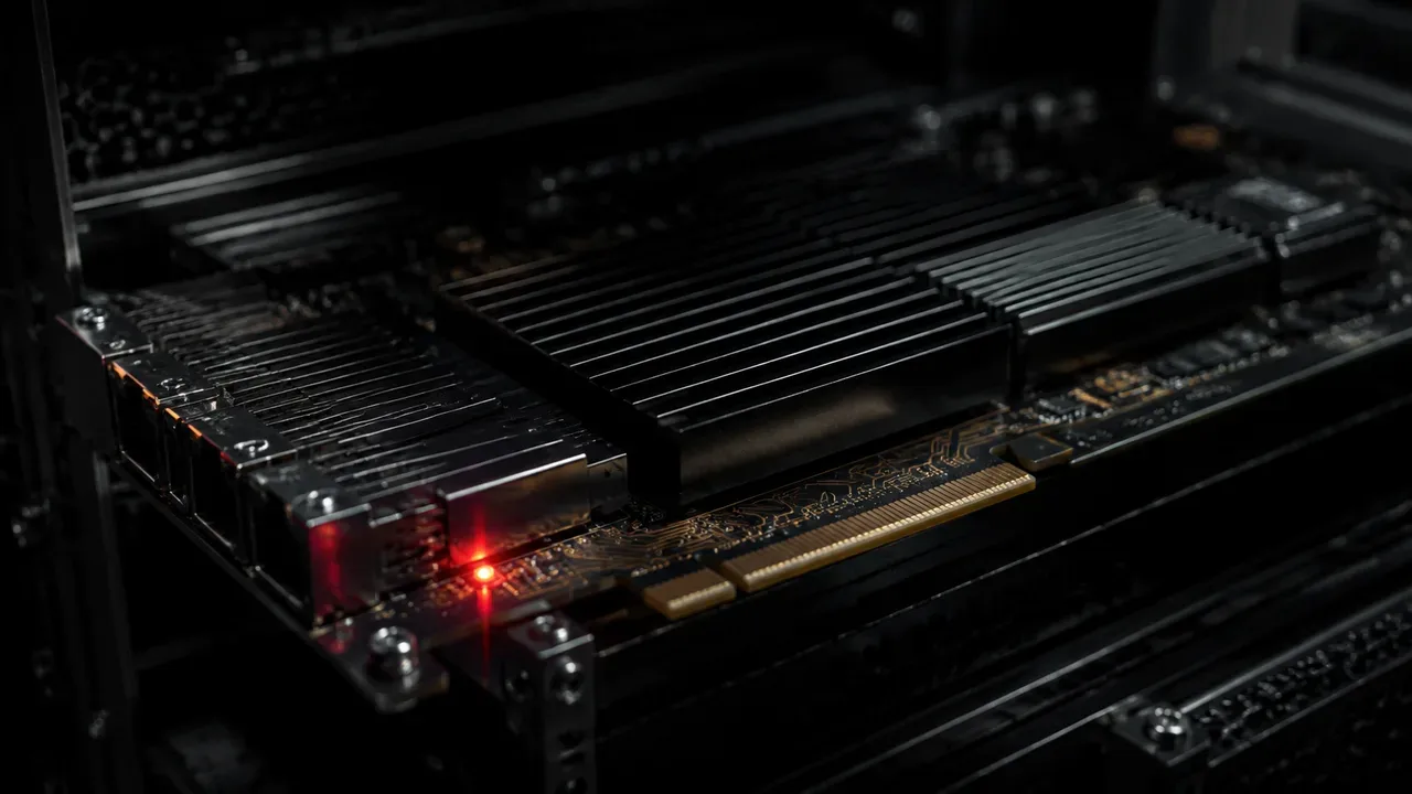 Macro de placa aceleradora de rede PCIe em chassi de servidor com componentes e indicador de status