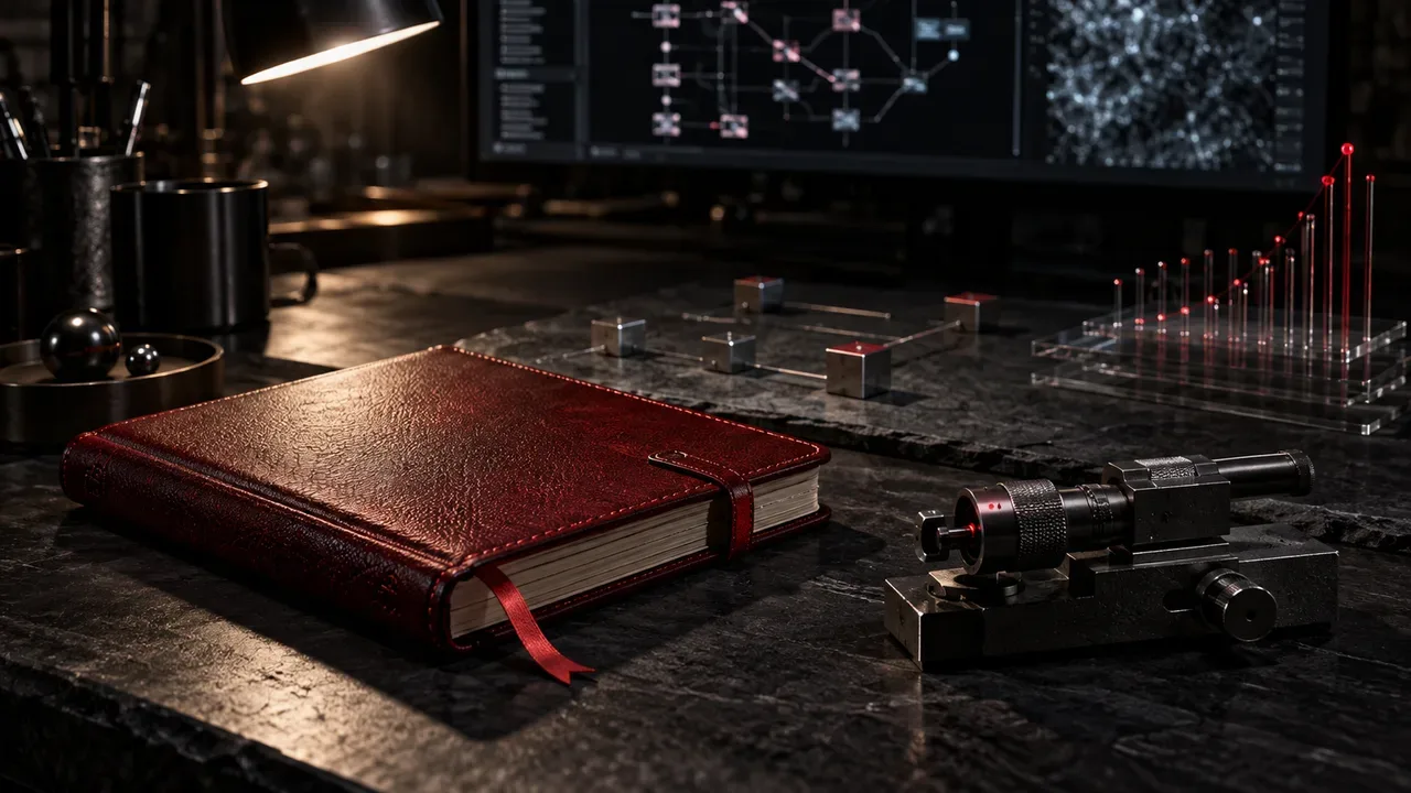 Mesa técnica de desenvolvimento e otimização de conversão com caderno em couro carmim e ferramentas de precisão