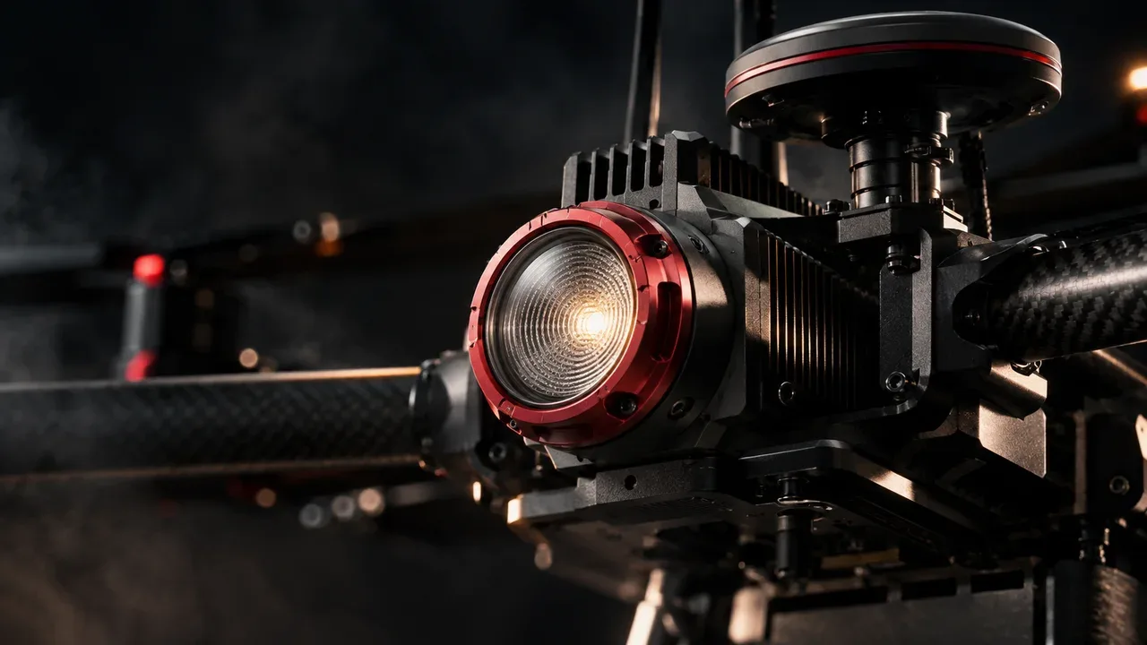 Módulo óptico de LED RGBW e receptor GNSS RTK de drone de show com anel de fixação carmim e dissipador de calor