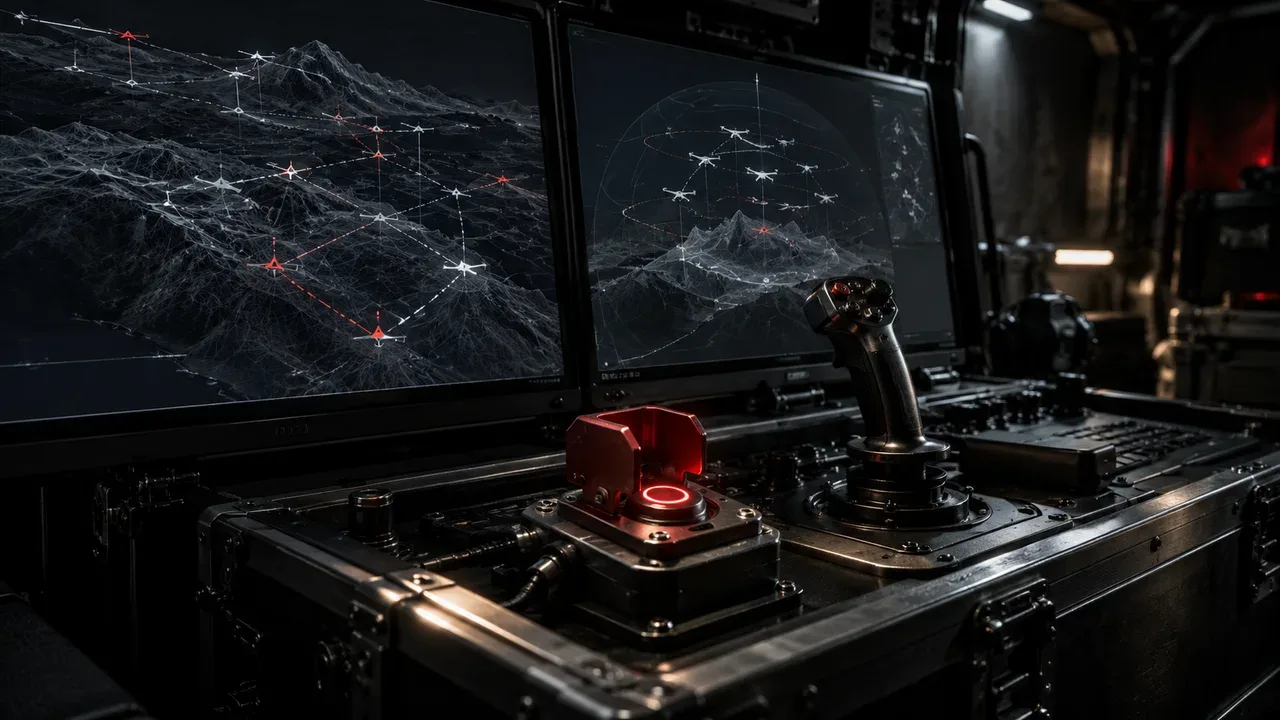 Estação de controle em solo de enxame de drones com tela de telemetria 3D e botão de emergência carmim em destaque