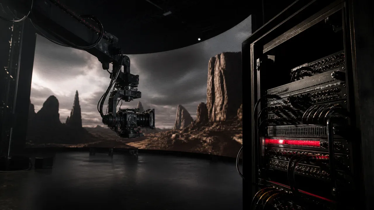 Rack de estúdio com processador de LED profissional Brompton Tessera e gerador de master sync genlock com display de código de tempo e cabos BNC conectados a monitores de vídeo