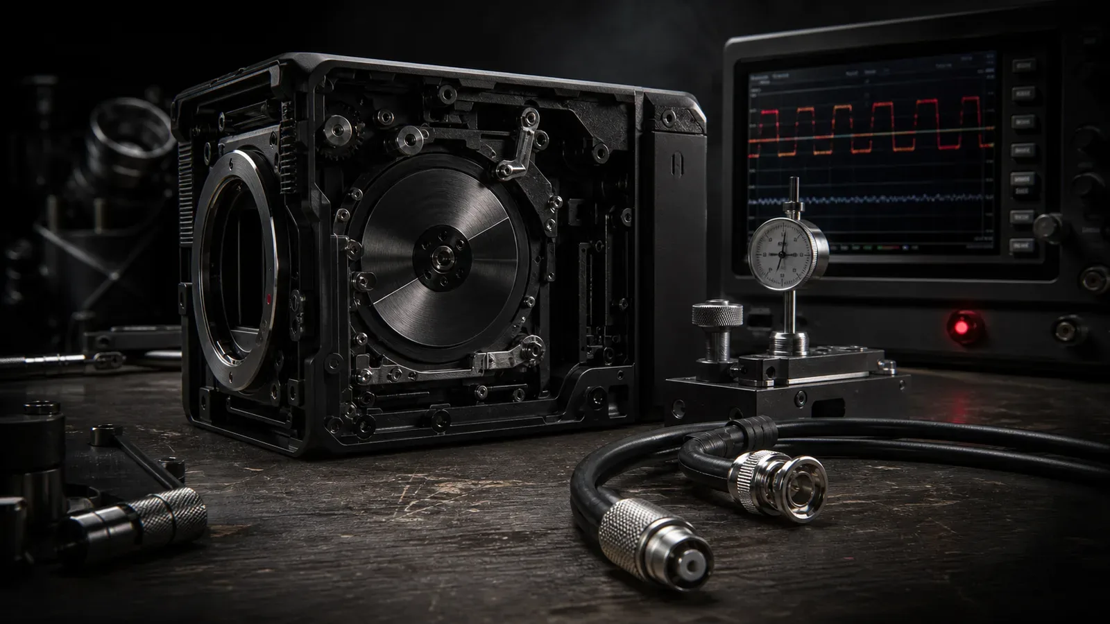 Bancada de engenharia com corpo de câmera de cinema digital exibindo o disco de obturador rotativo mecânico de 180 graus e cabo de sincronismo genlock com conector BNC