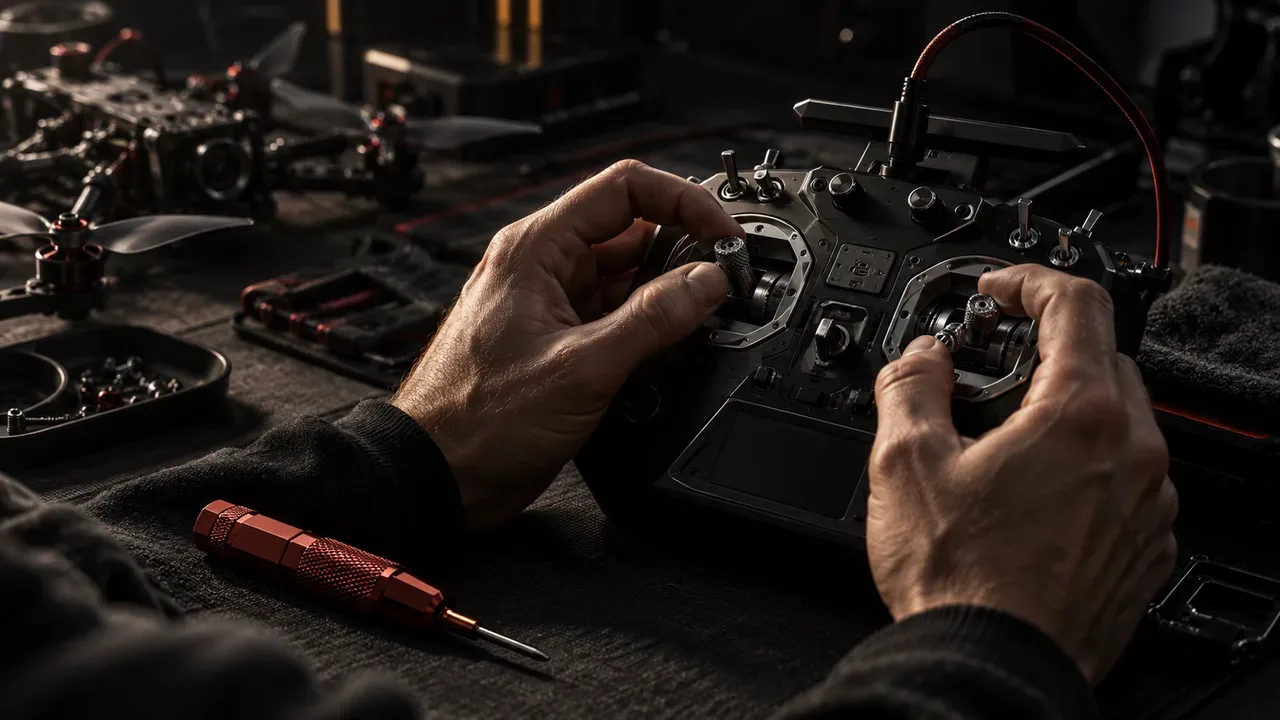 Radiocontrole FPV moderno com gimbals metálicos e chave sextavada carmim conectado via cabo flexível a computador portátil com simulador