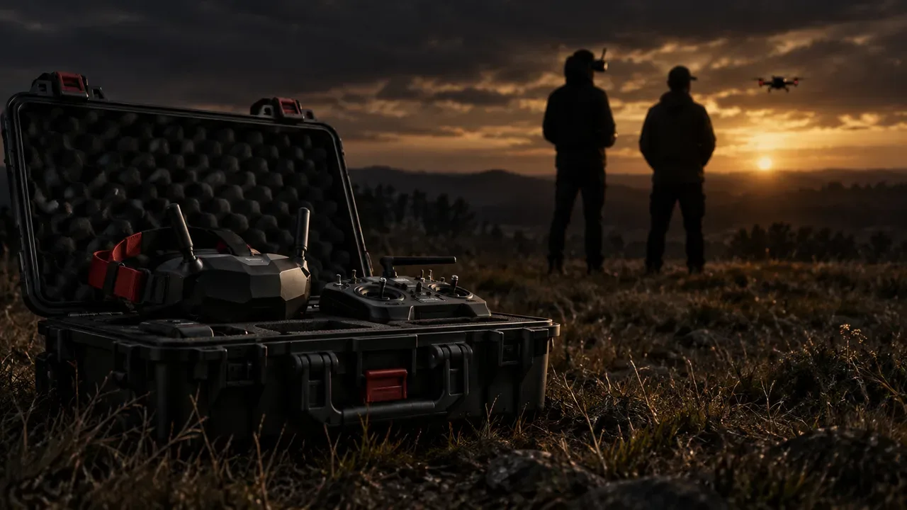 Piloto e observador visual em descampado gramado ao entardecer com maleta estanque aberta exibindo fecho carmim e rádio transmissor