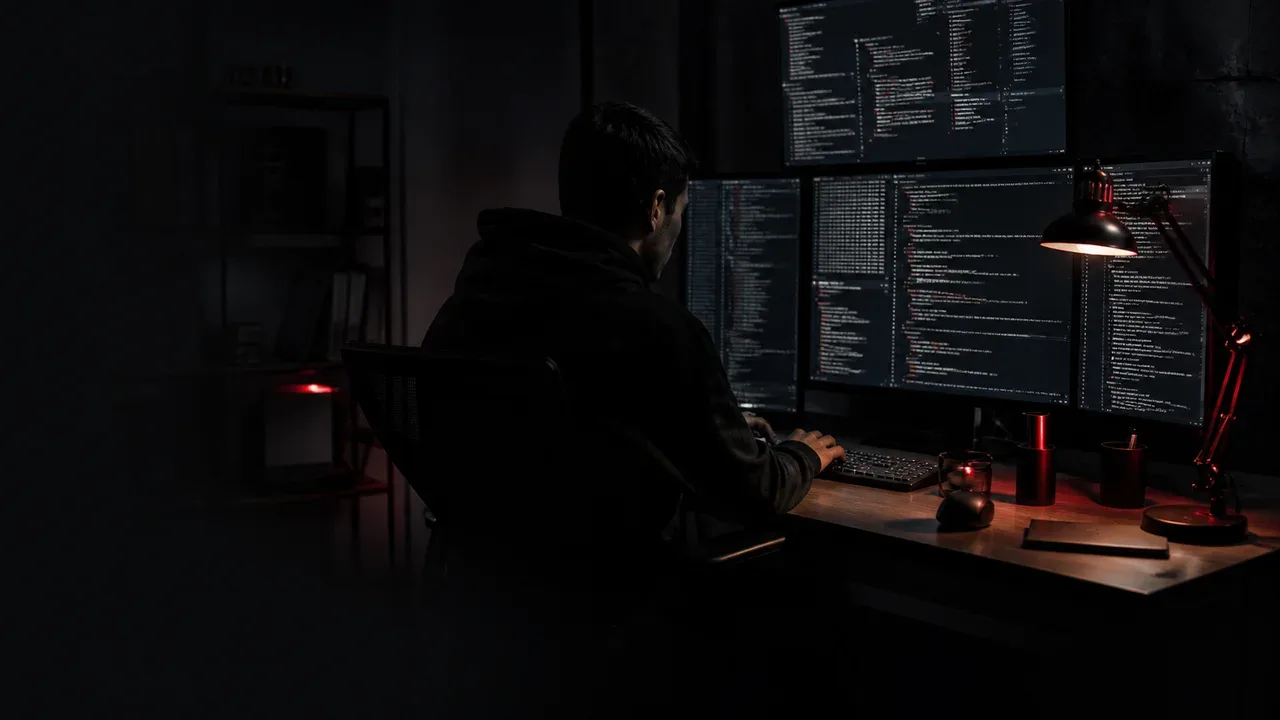 Um desenvolvedor sentado a uma mesa com múltiplos monitores exibindo janelas de terminal e logs de execução paralela, com uma luminária de mesa acesa iluminando o teclado