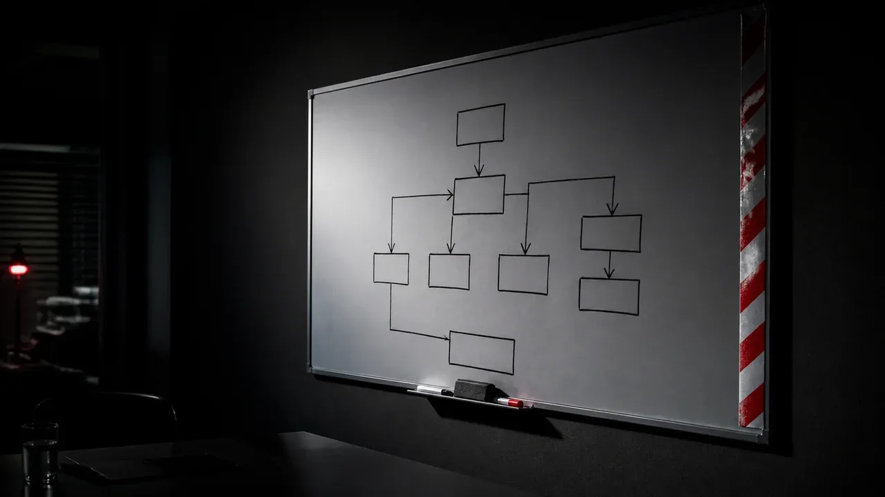 Um quadro branco em sala de reunião com um fluxograma de caixas conectadas por setas desenhado à mão, com uma faixa de sinalização colada na borda do quadro