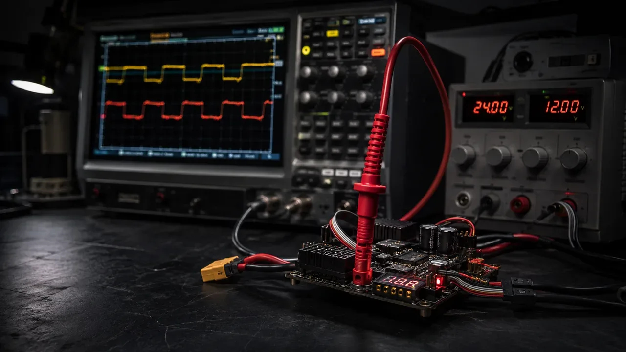 Instrumentação digital e osciloscópio de bancada medindo transientes de comutação em barramento redundante