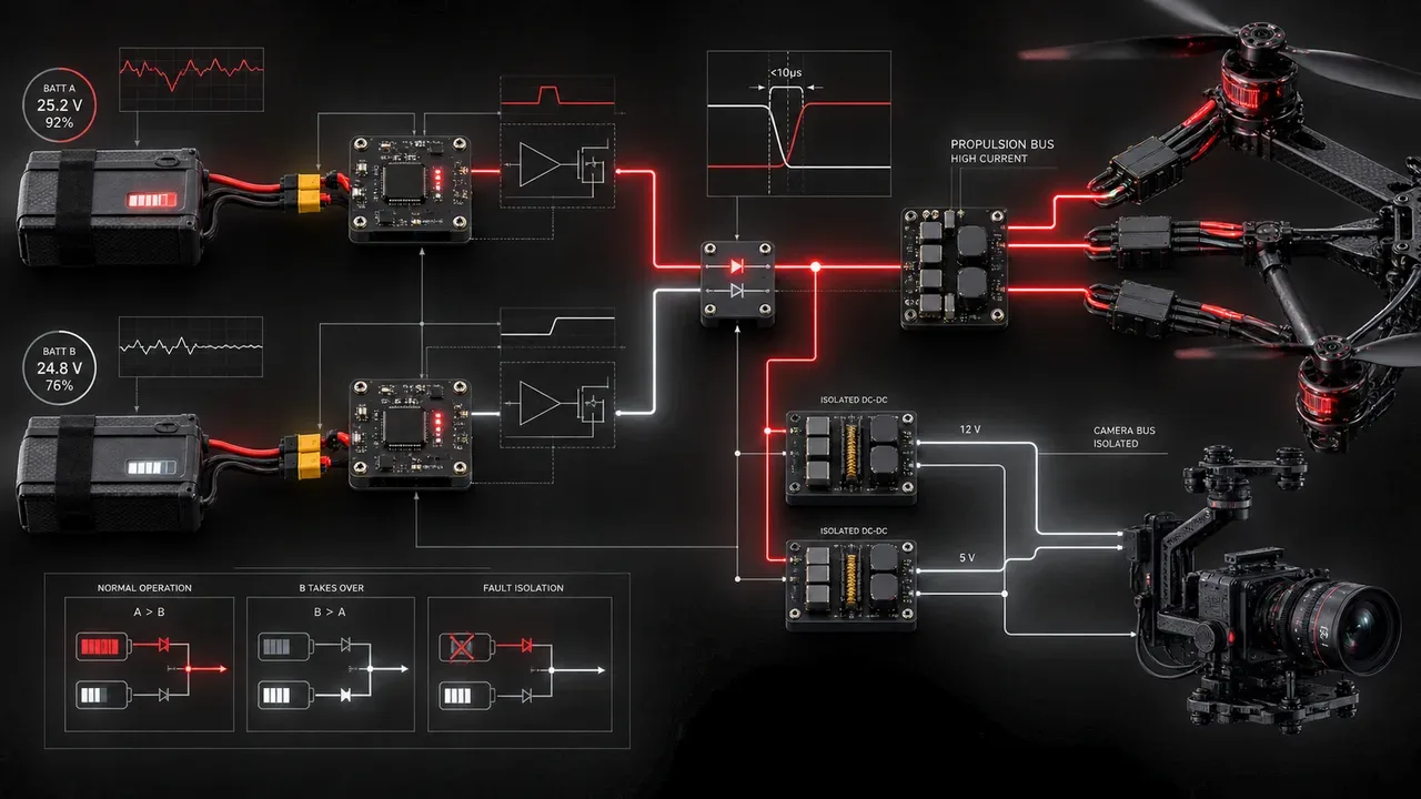 Diagrama esquemático de engenharia mostrando arquitetura de diodos ideais e partição de barramento