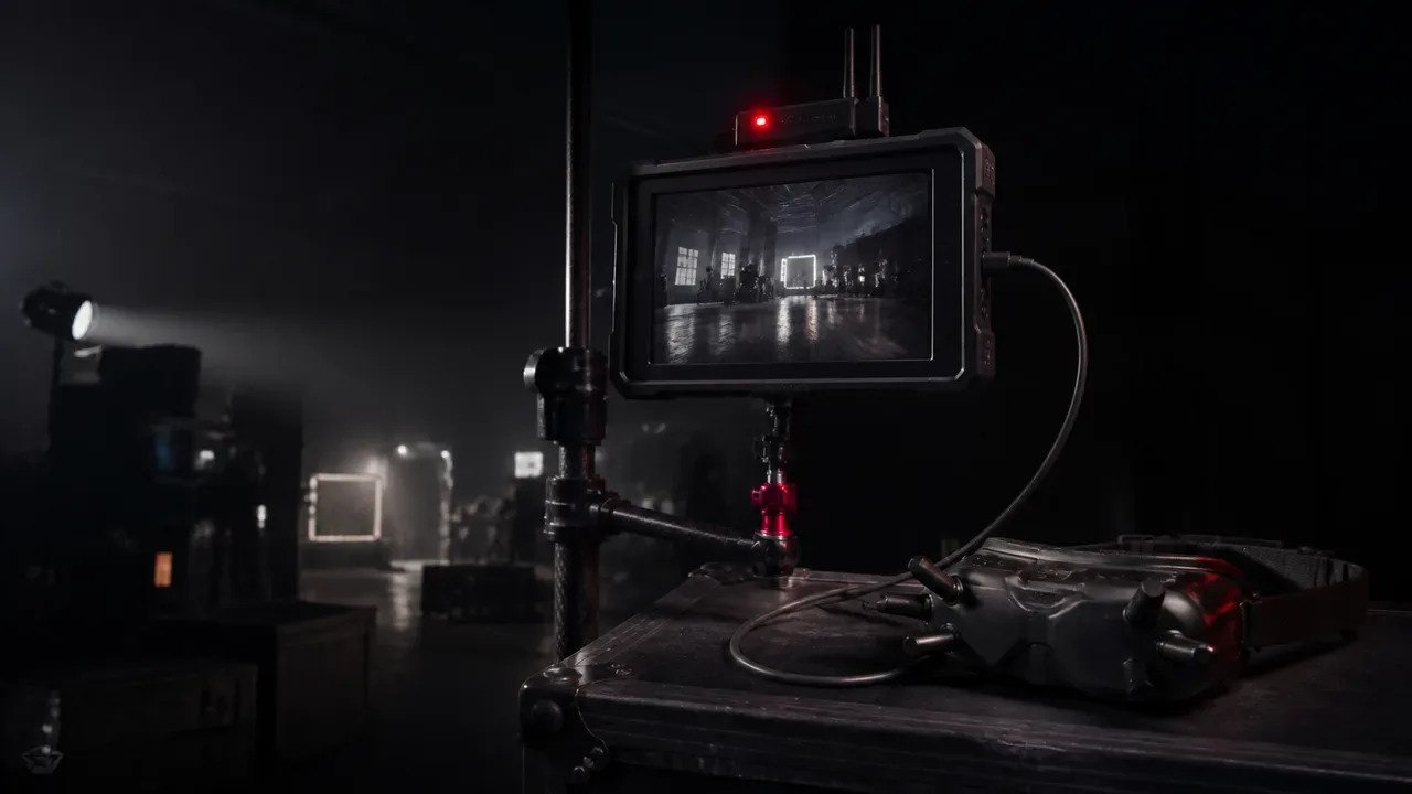 Monitor de direção em set de filmagem exibindo transmissão de vídeo FPV ao lado de óculos profissionais com cabo HDMI blindado