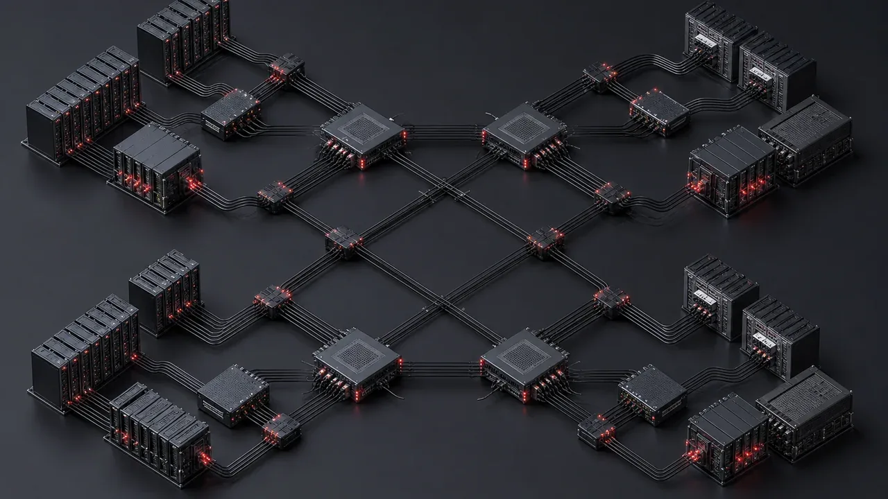 Arquitetura de rede broadcast Spine-Leaf com redundância hitless ST 2022-7 e nós de controle NMOS destacados com indicadores luminosos carmim