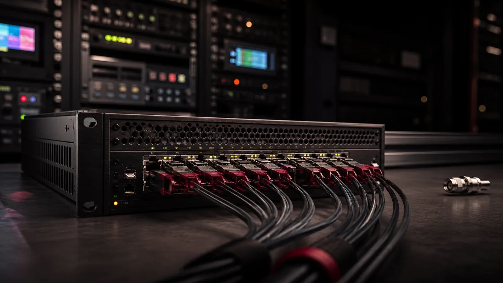 Switch de rede top-of-rack de alta performance em chassi escuro com portas QSFP28 de 100GbE e cabos de dados com conectores carmim em estúdio de broadcast