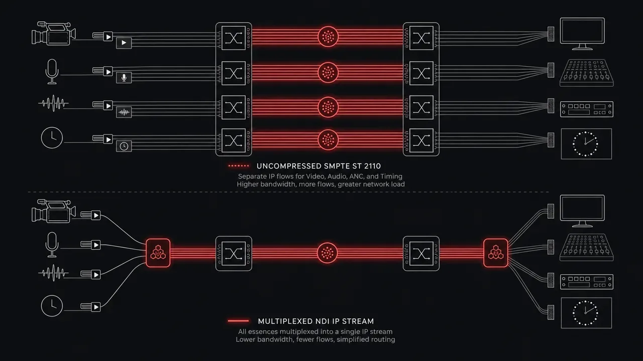 Diagrama técnico comparando desagregação de essências SMPTE ST 2110 contra transporte multiplexado NDI