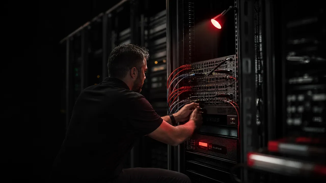 Engenheiro broadcast configurando switch Spine-Leaf 100GbE com PTP Grandmaster clock em rack de estúdio