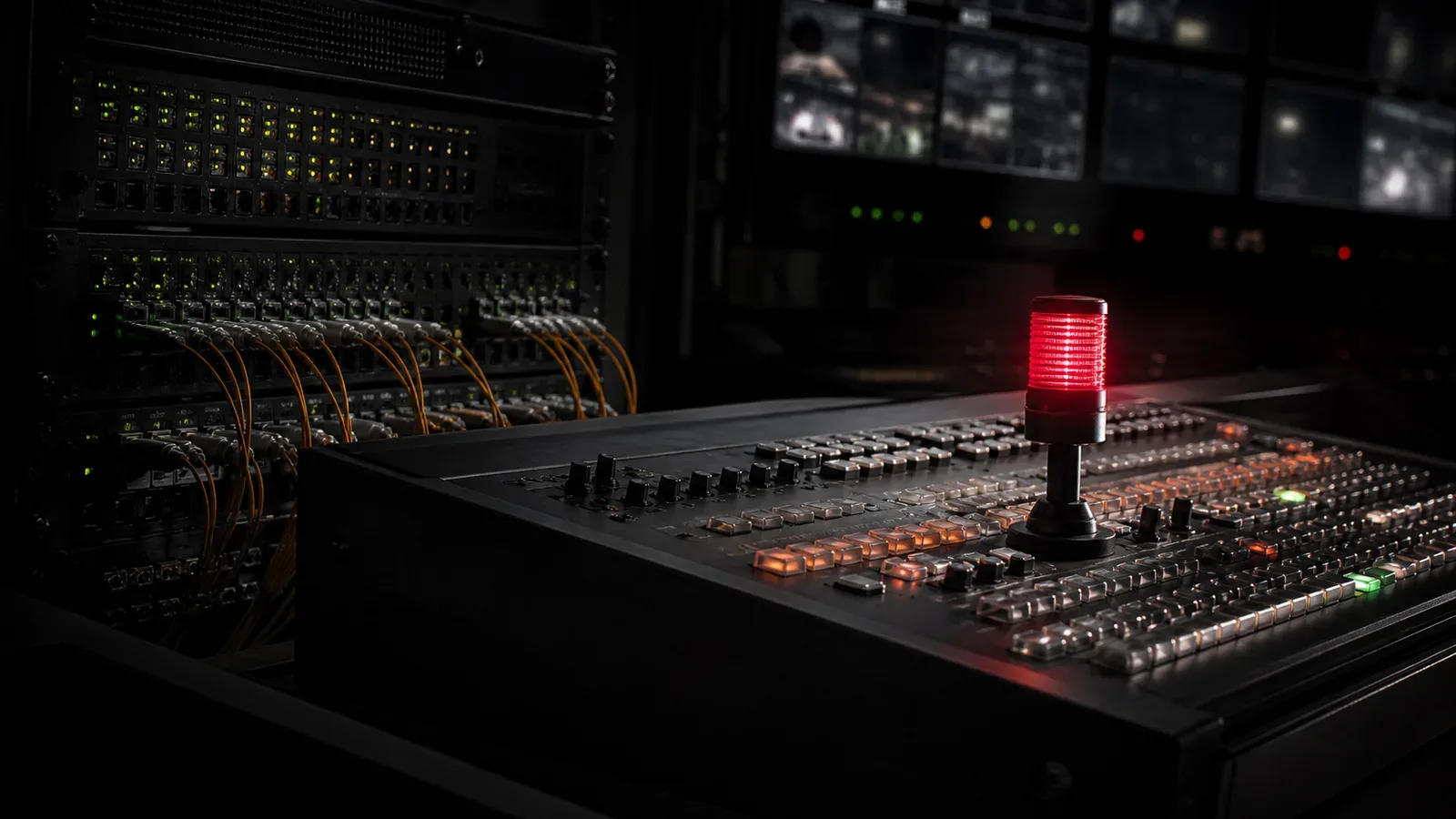 Painel de controle de estúdio broadcast com roteamento de vídeo IP SMPTE ST 2110 e transceivers ópticos