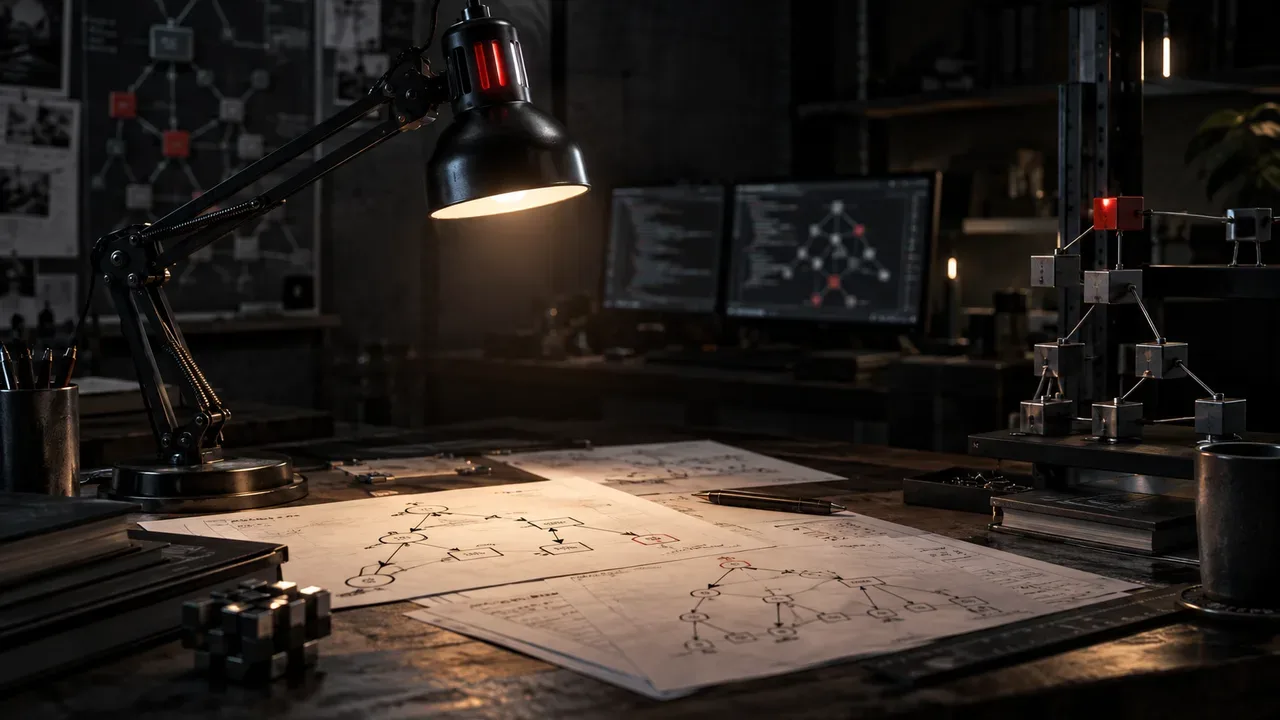 Bancada de desenvolvimento com luminária industrial projetando feixe cirúrgico sobre diagramas esquemáticos de DAG e código assíncrono