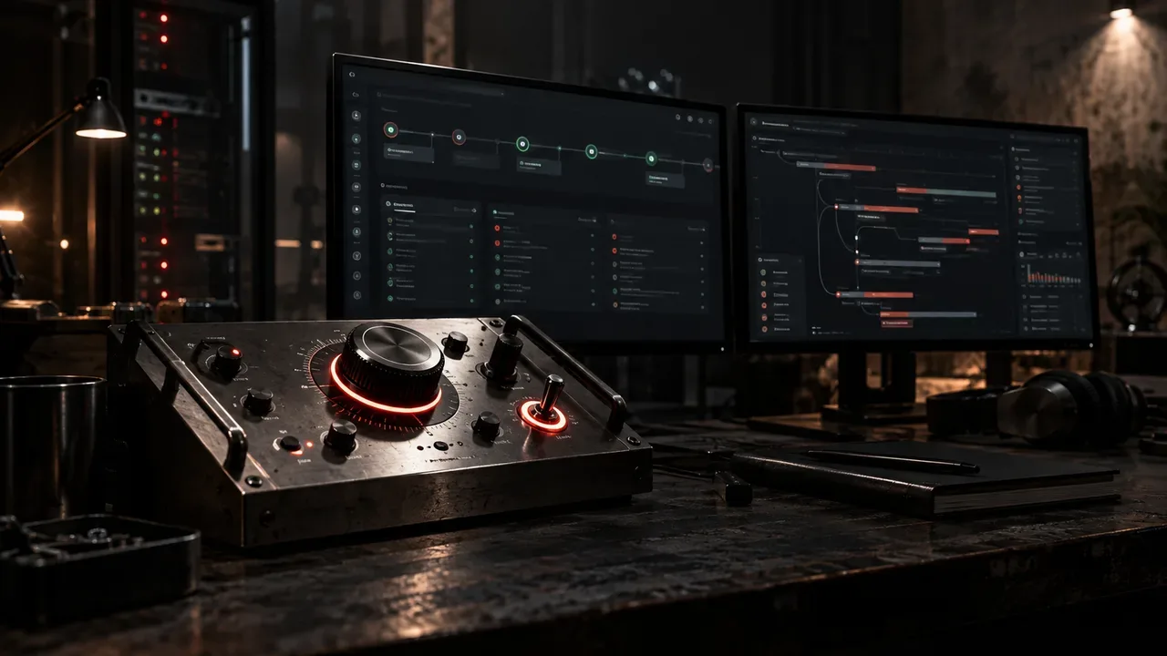 Estação de co-building com console de telemetria industrial exibindo indicador analógico e botão com moldura carmim