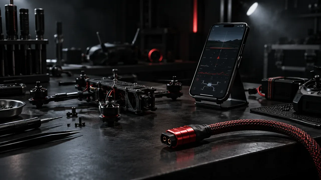 Configuração técnica de drone FPV via aplicativo em smartphone com cabo carmim na bancada