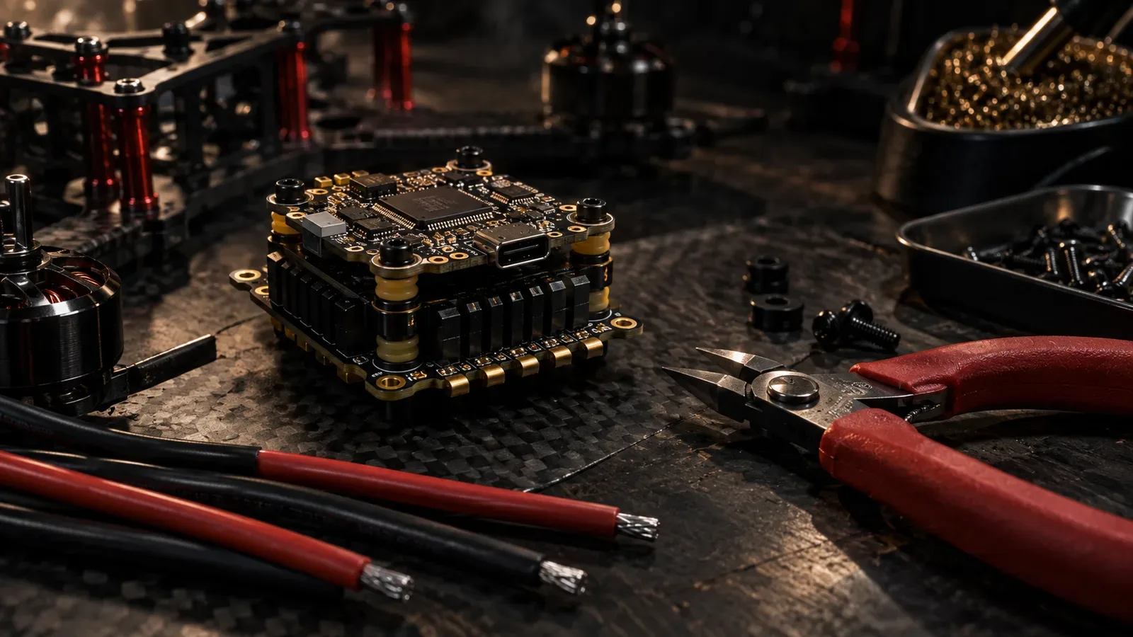 Stack SpeedyBee F405 V4 e ESC 4-em-1 sobre bancada de fibra de carbono com alicate carmim