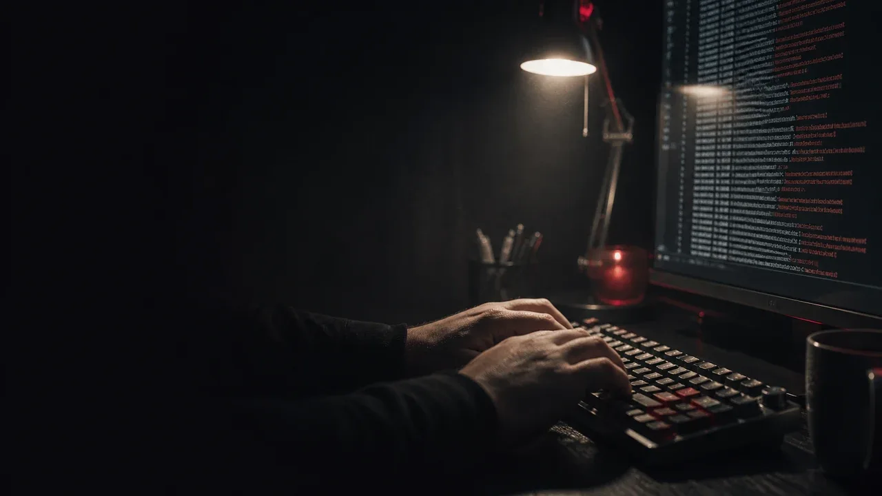Mãos digitando em teclado mecânico à noite com abajur aceso ao lado de monitor exibindo saída de testes automatizados