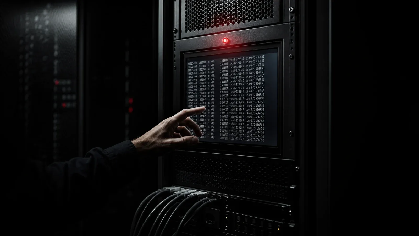 Terminal de servidor exibindo linhas de write-ahead log com indicador de alerta aceso no rack