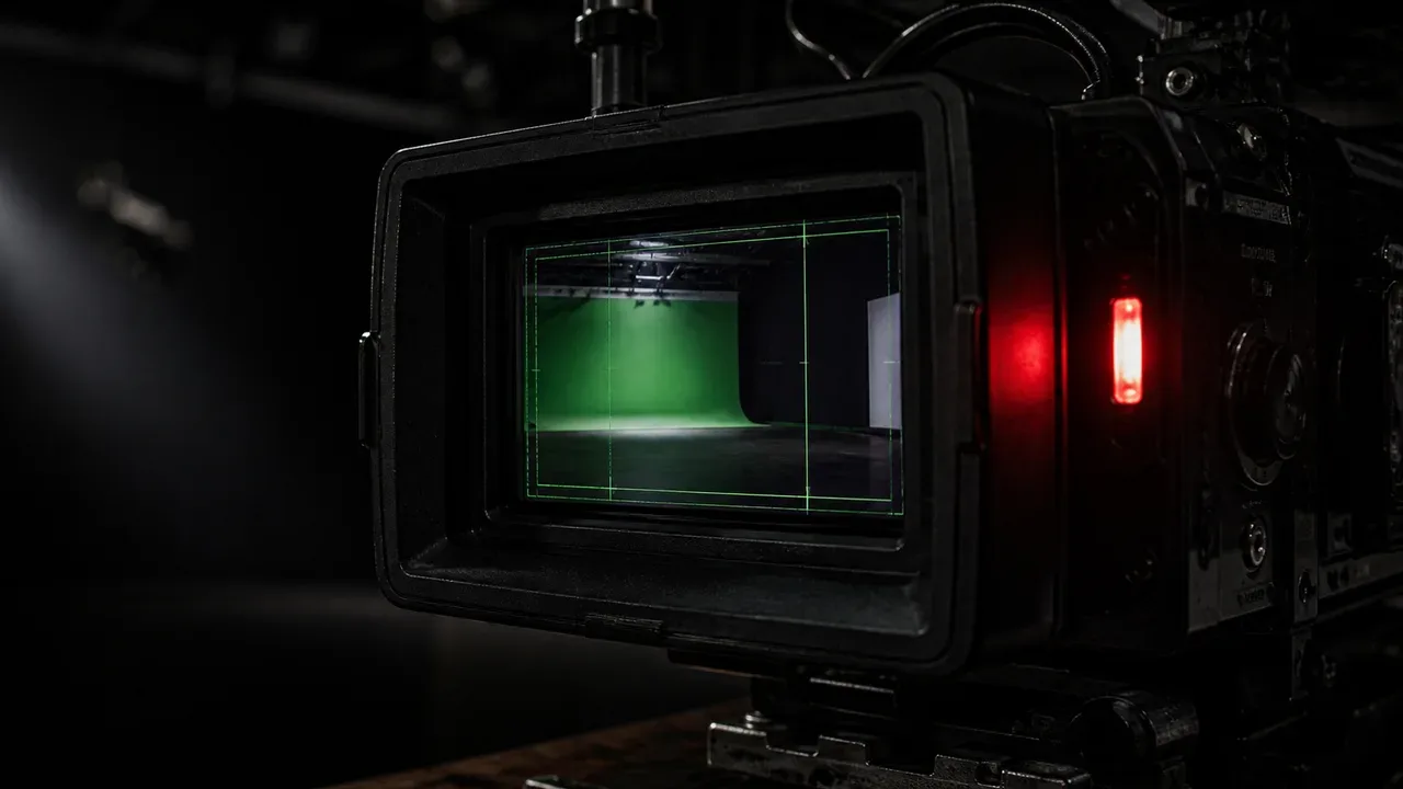 Visor eletrônico de câmera de cinema com enquadramento de corte e luz de gravação carmim