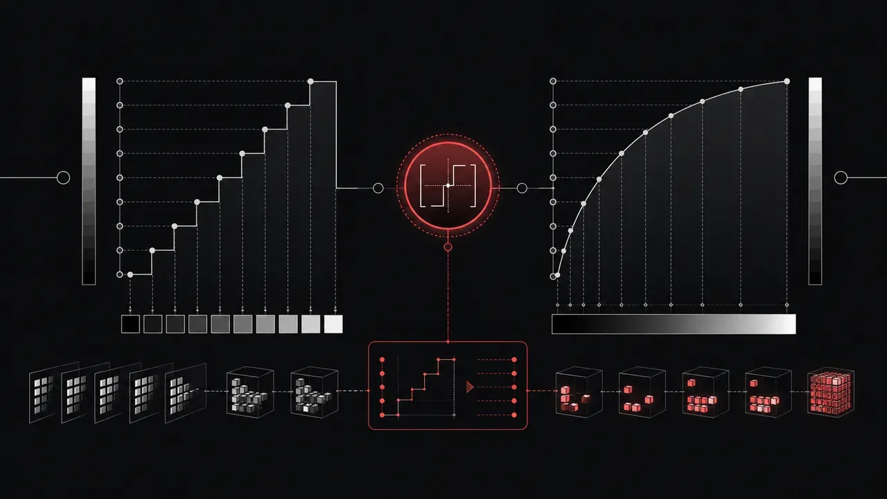 Esquema técnico comparando curvas de quantização tonal e degraus de bit depth com nó matemático carmim