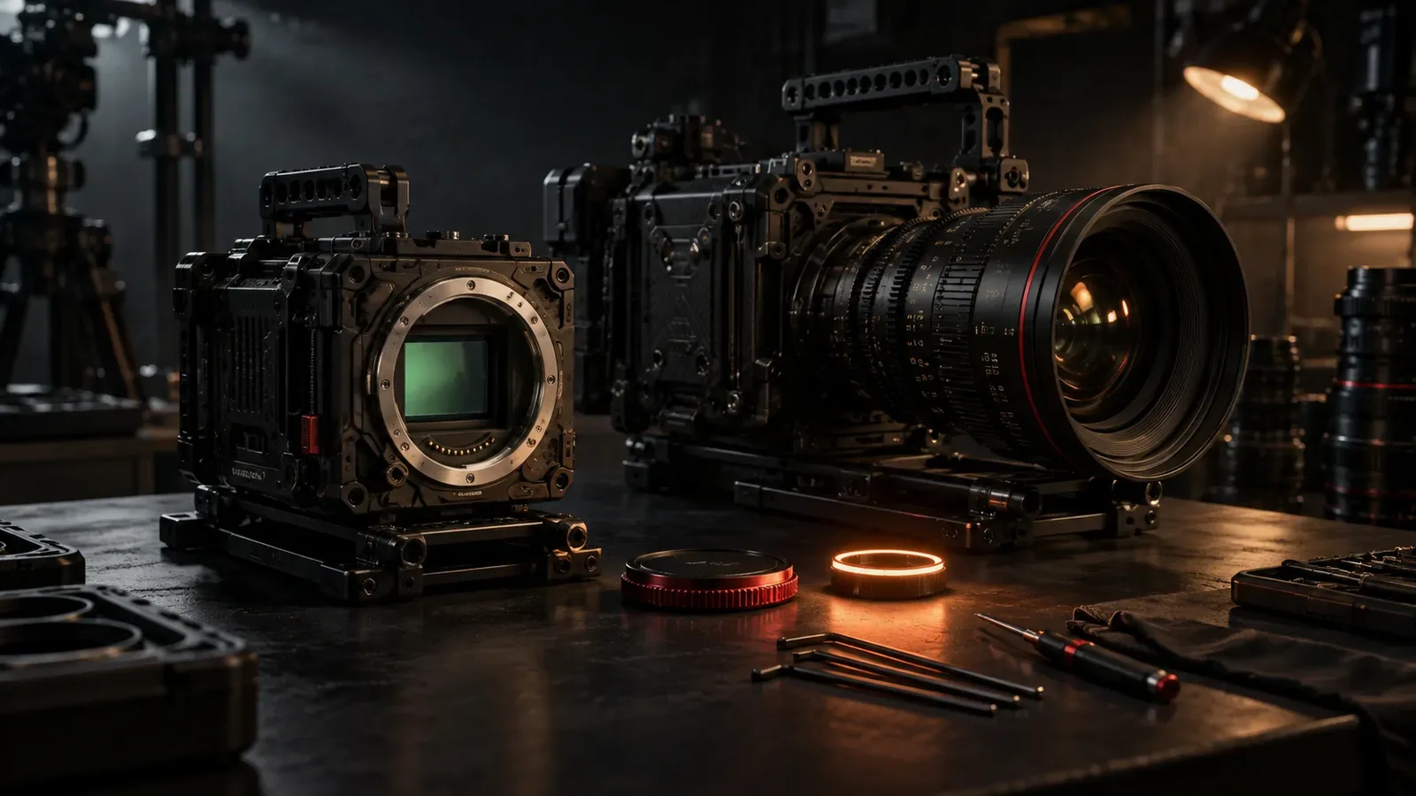 Câmeras de cinema digital Super 35 e Large Format em bancada de calibração óptica com iluminação de recorte