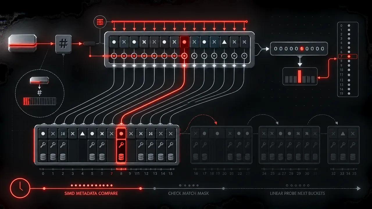 Diagrama técnico da arquitetura de busca paralela SIMD comparando 16 slots de controle em um único ciclo
