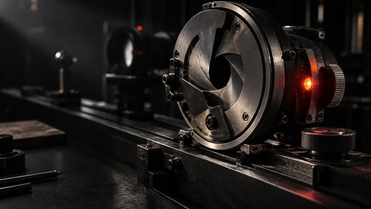 Mecanismo de obturador rotativo mecânico em bancada óptica de teste de cinema com indicador de calibração aceso em primeiro plano