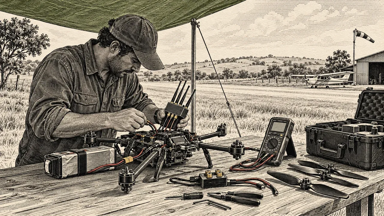Gravura técnica detalhada em estilo clássico dos circuitos e sensores de telemetria na controladora de voo de um drone FPV