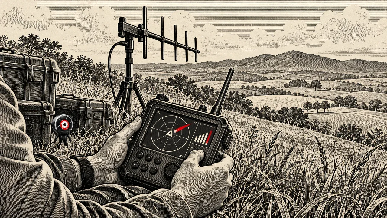 Gravura clássica de operadores em campo utilizando telemetria e radiocontrole para localizar coordenadas de resgate de um drone