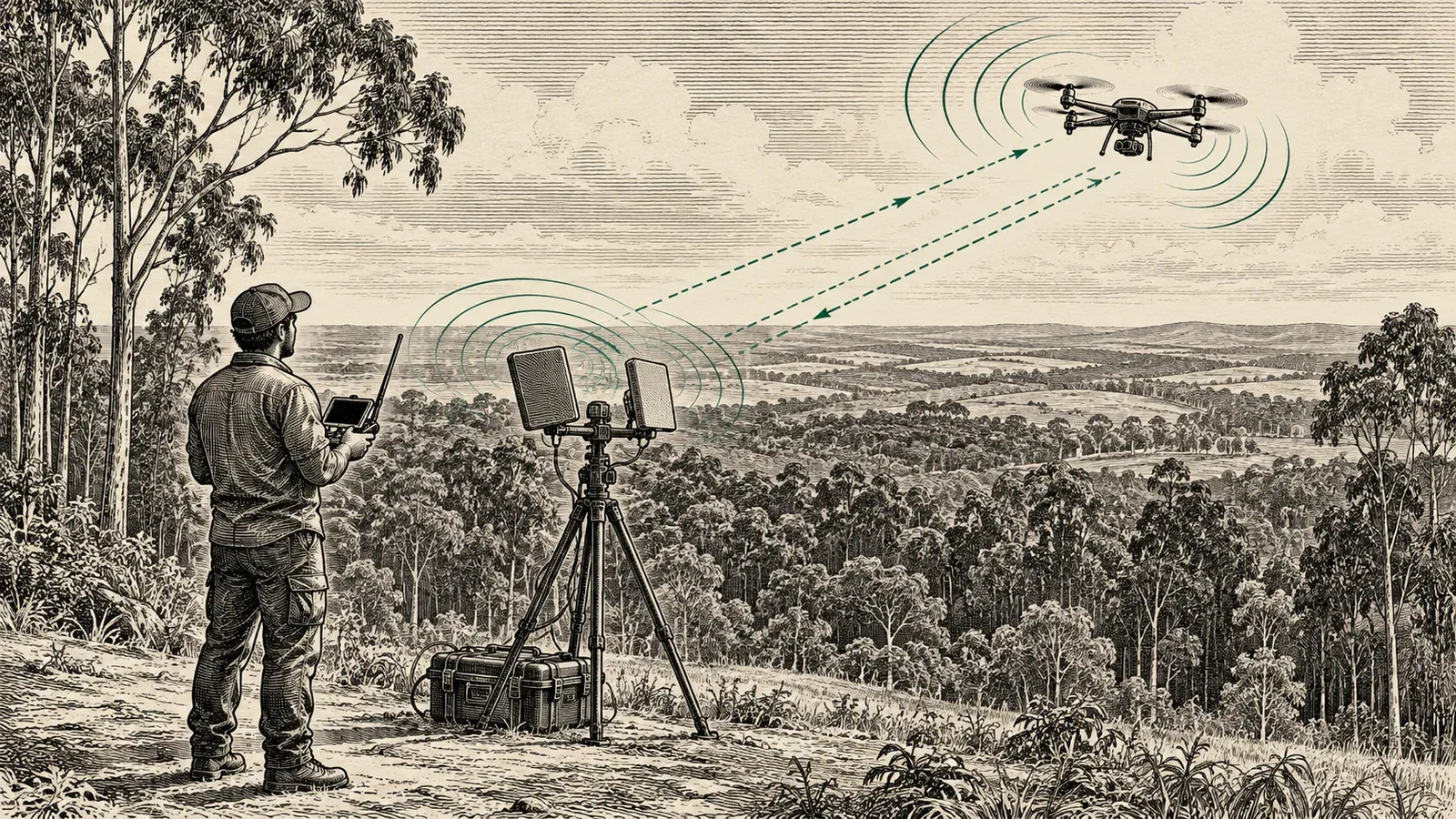 Gravura clássica de um drone quadricóptero FPV sobrevoando relevo rural com linhas de dados telemétricos em direção ao operador