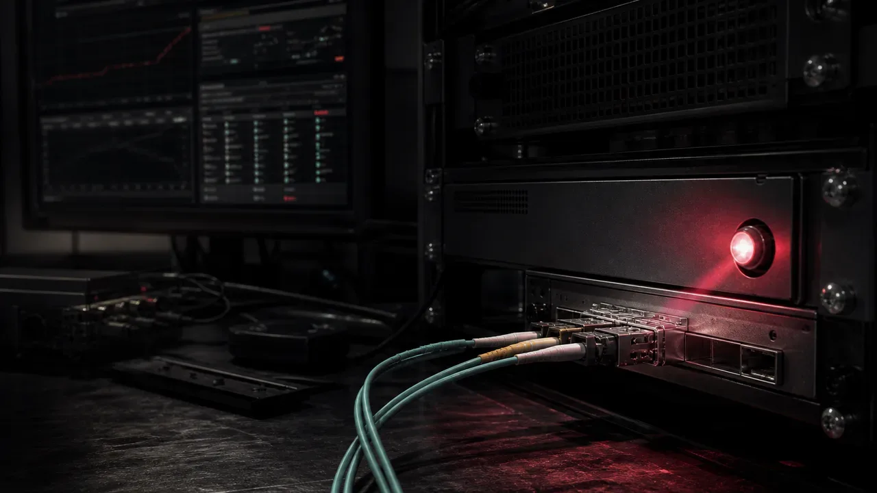 Console de telemetria de testes com painel de métricas de avaliação, status de execução e cabos de fibra óptica em primeiro plano