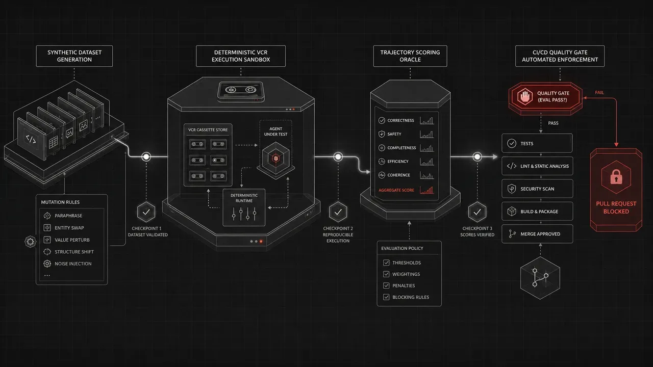 Diagrama esquemático de arquitetura isométrica do pipeline TDAD com geração de dados sintéticos, sandbox determinístico e portão de bloqueio em CI/CD
