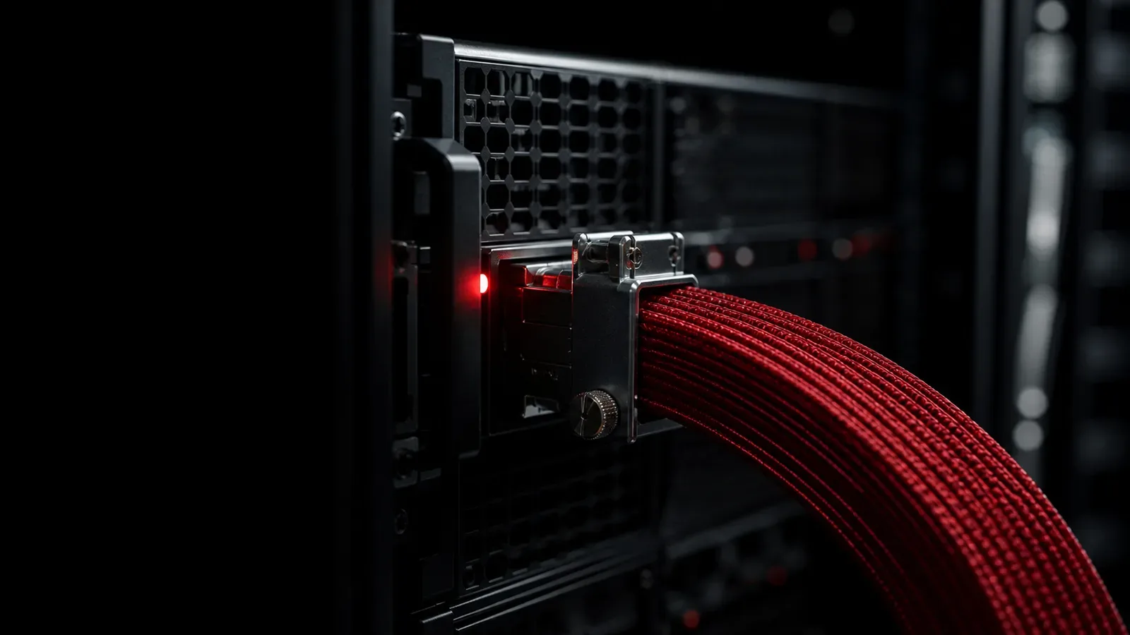 Acelerador de inferência de alta densidade em rack de data center escuro em iluminação chiaroscuro com fita condutora de fibra óptica blindada em tom carmim em primeiro plano