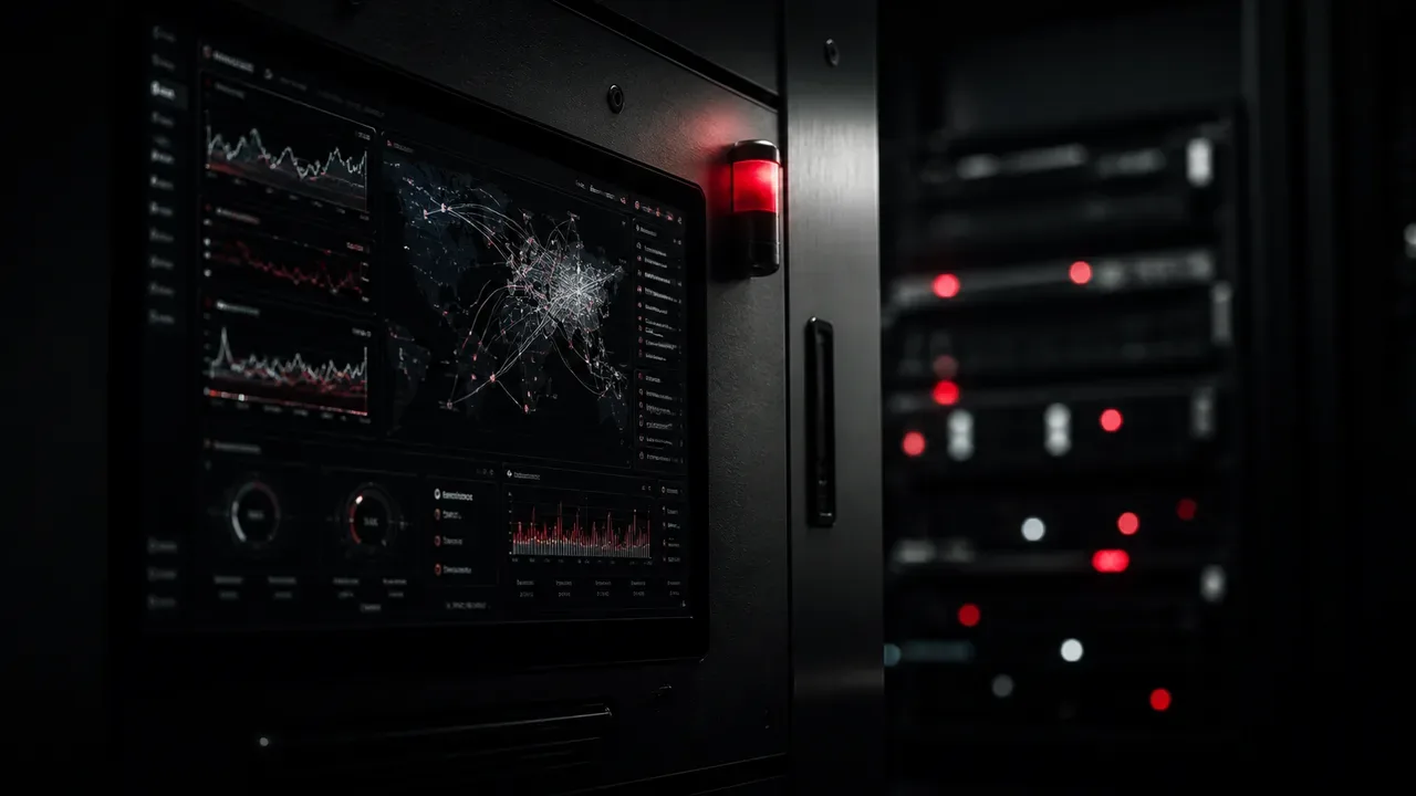 Console de telemetria e rack de servidores em sala de operacoes com indicador luminoso de status ativo