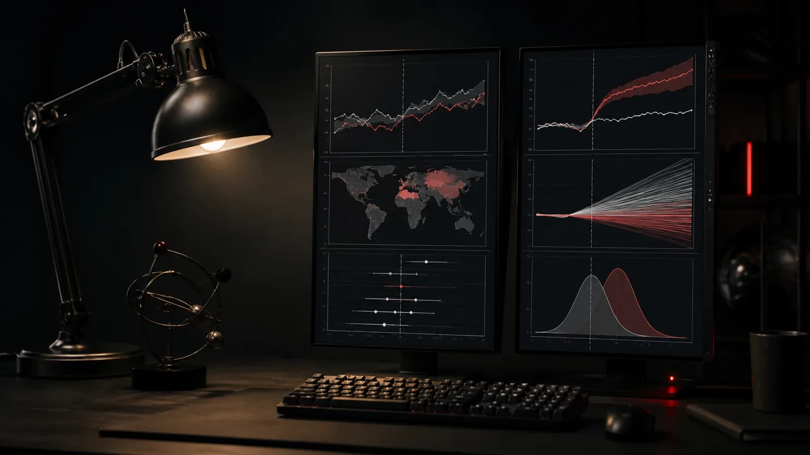 Bancada de ciência de dados de marketing em estúdio escuro com monitores verticais exibindo curvas de controle sintético e luminária articulada acesa